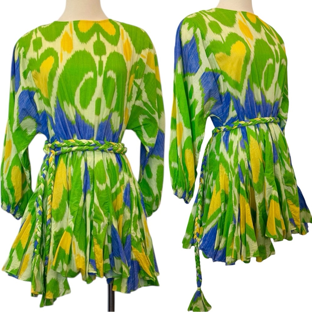 🔥 RHODE Ella IKAT Cotton Yellow Green Heart Ruffled Circle Skirt Folk Mini Dress